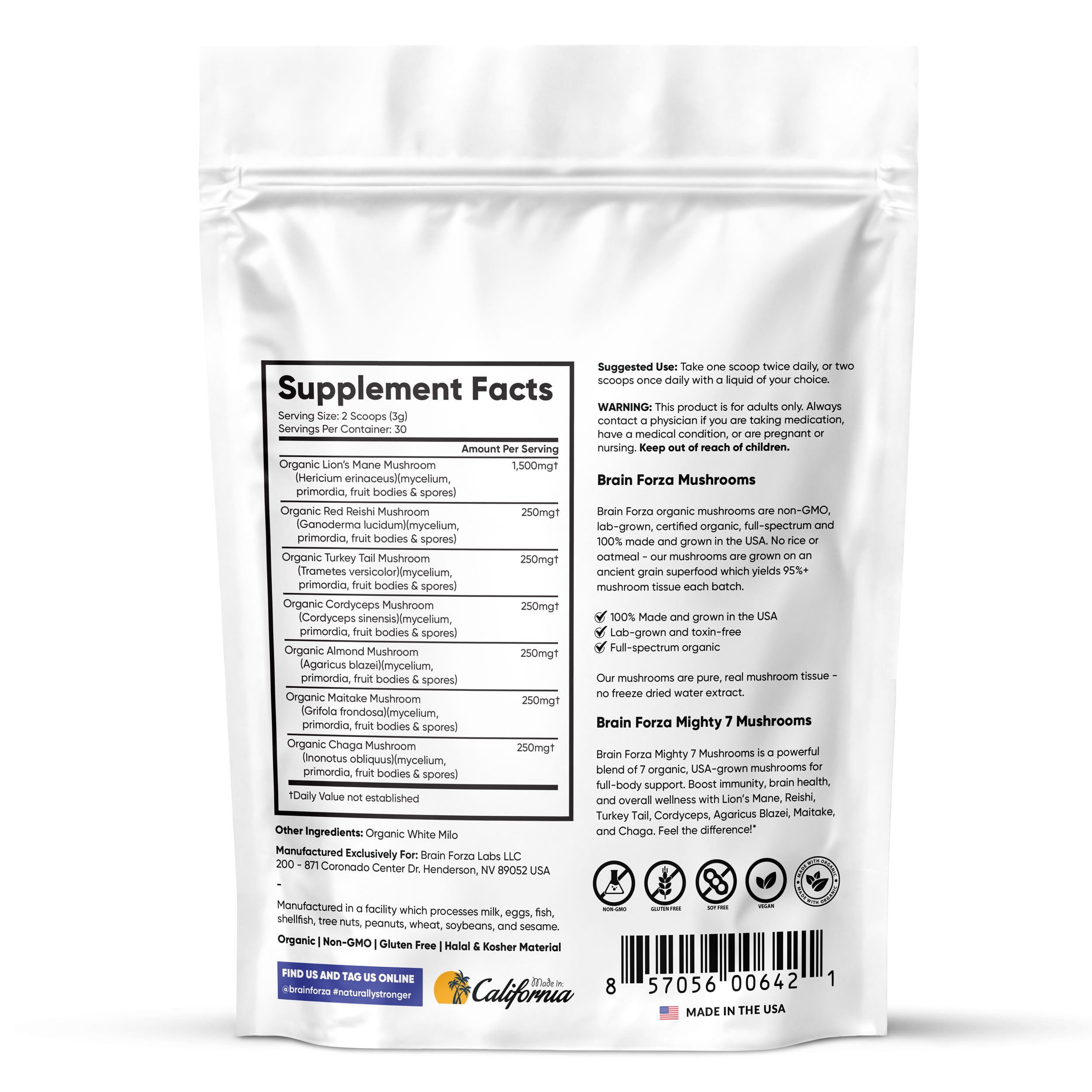 Brain Forza Mighty 7 Mushrooms Powder Organic Lions Mane Turkey Tail Reish chaga Cordyceps blend back