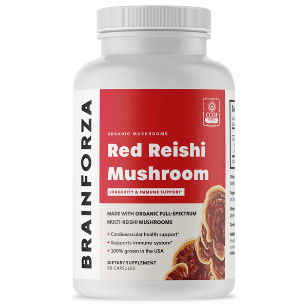 Brain Forza Organic Red Reishi Mushroom Blend Stronger Than Extract USA Made, 90 Capsules