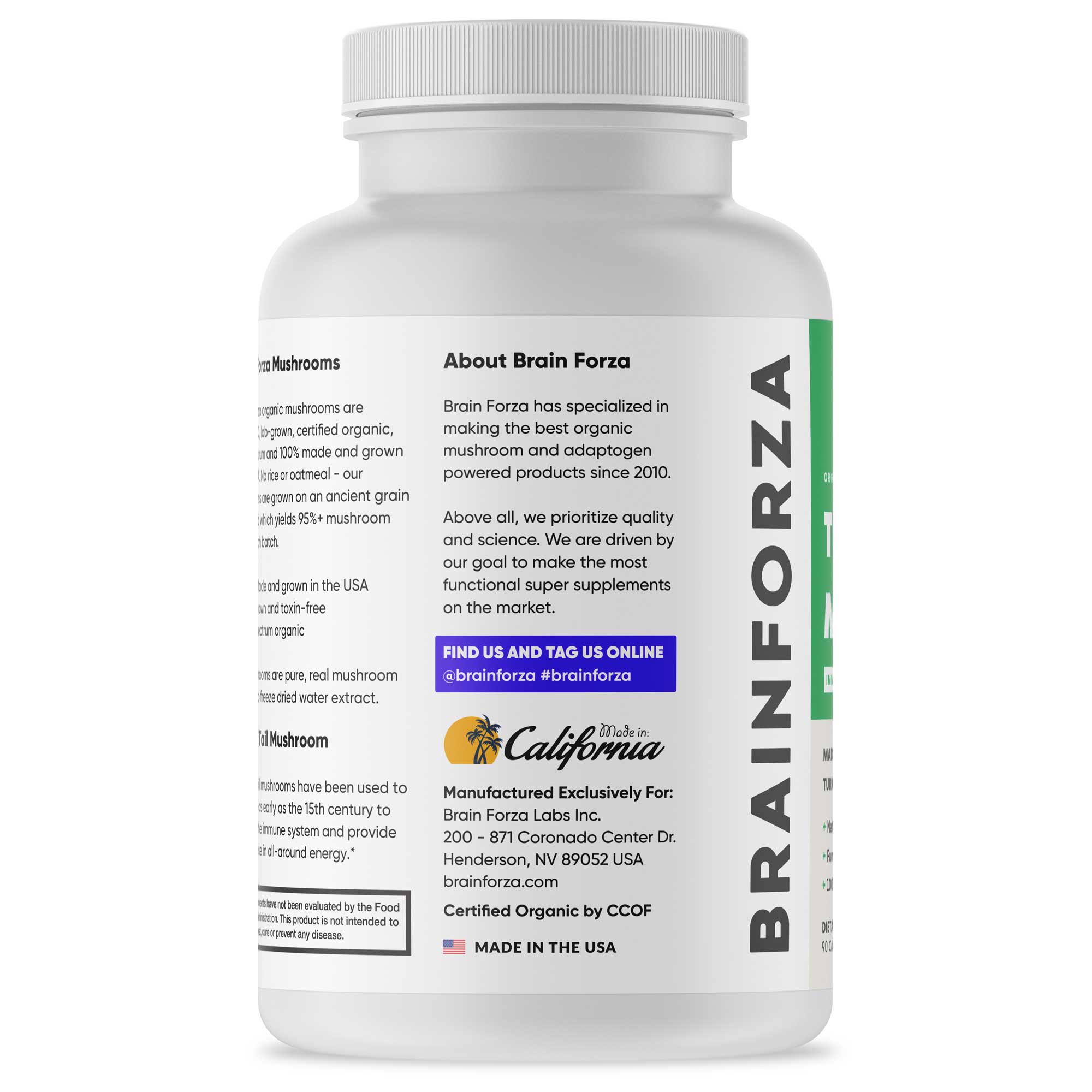 Brain Forza Organic Turkey Tail Mushroom Capsules Stronger Than Extracts USA Made, 90 Capsules