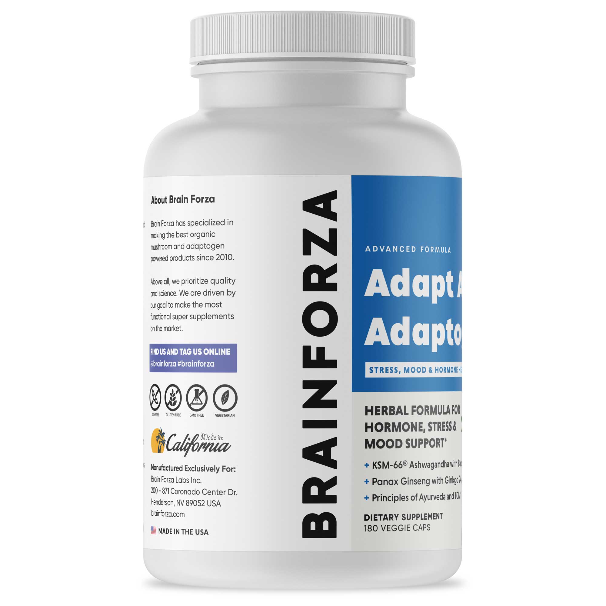 Brain Forza Adapt All Rhodiola Lemon Balm KSM-66 Ashwagnadha Ginkgo Bilboa Ginseng Bacopa, 180 Capsules
