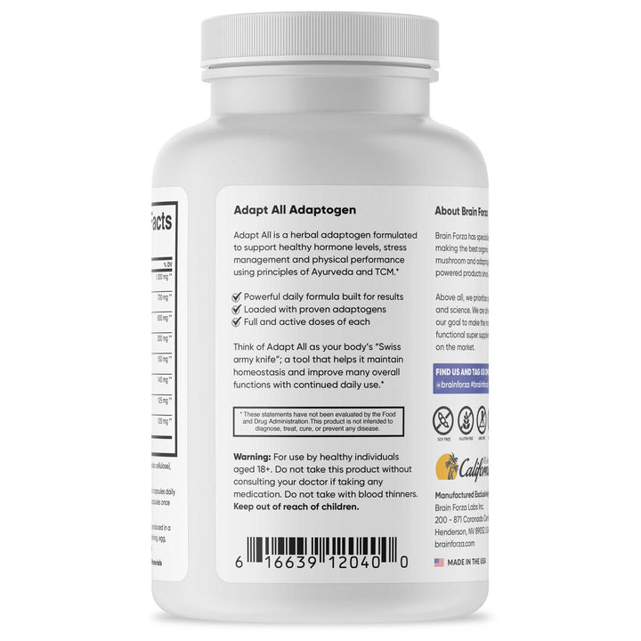 Brain Forza Adapt All Rhodiola Lemon Balm KSM-66 Ashwagnadha Ginkgo Bilboa Ginseng Bacopa, 180 Capsules