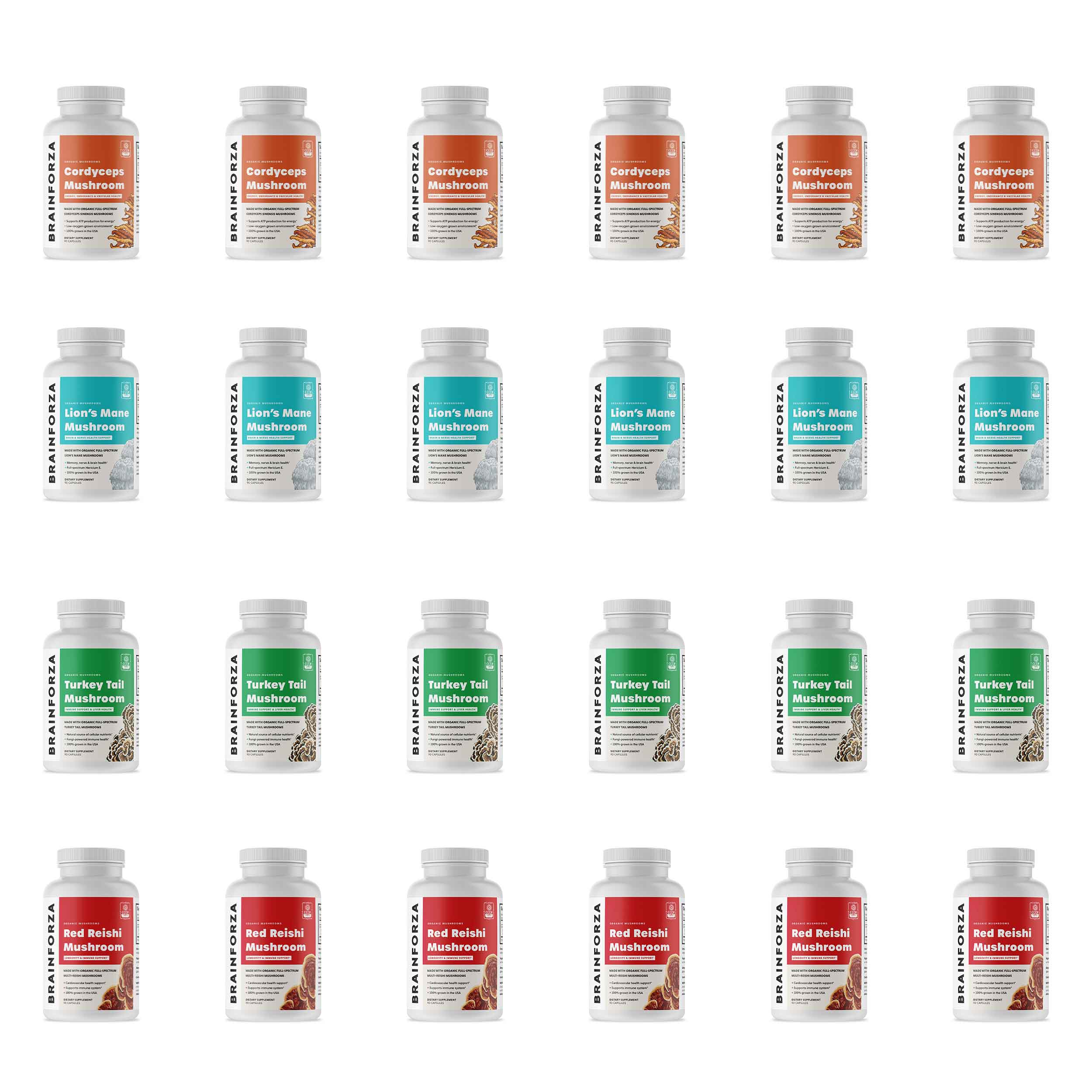 Brain Forza Organic Mushrooms Lions Mane Reishi Cordyceps Turkey Tail Capsules Stronger Extracts