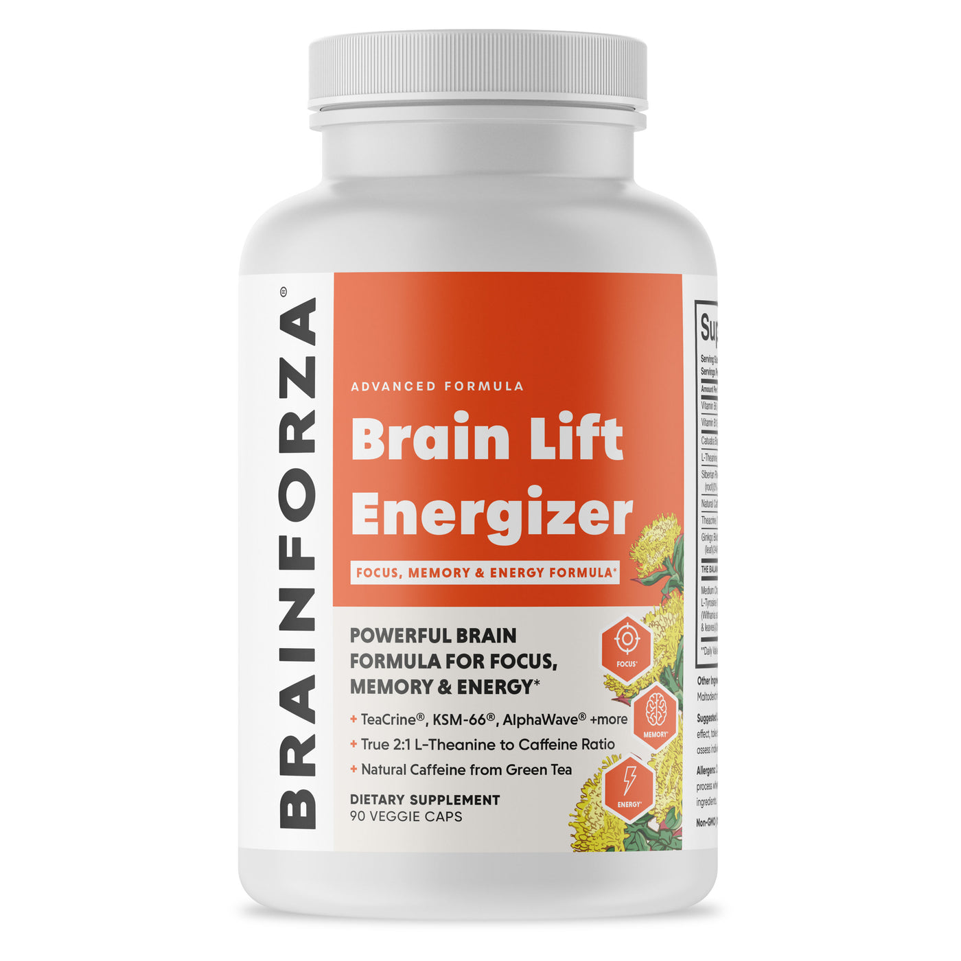 Brain Forza Brain Lift Energizing Brain Formula Rhodiola TeaCrine L-Theanine Vitamin B2 Catuaba Ginkgo Biloba KSM-66 Ashwagandha Green Tea