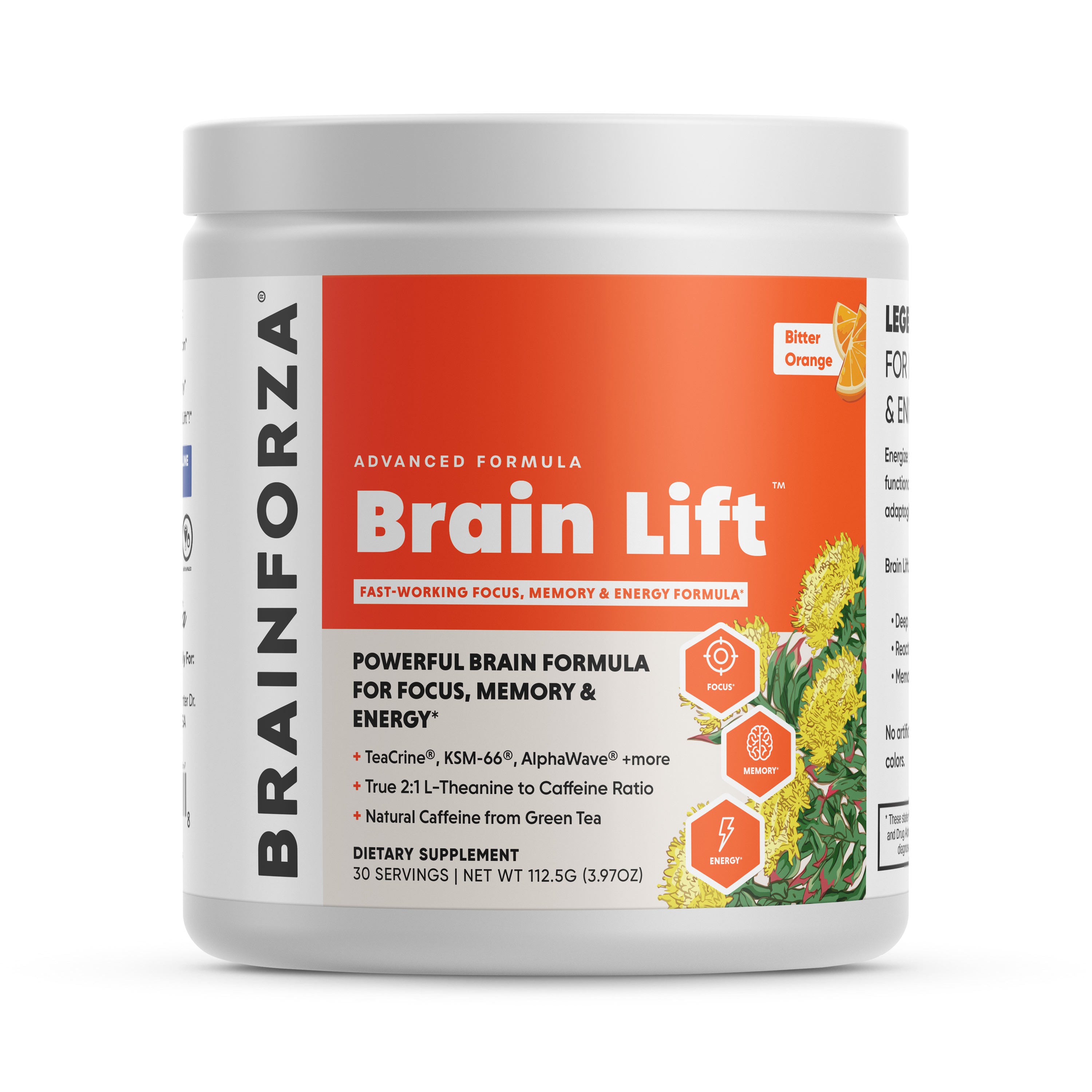 Brain Forza Brain Lift Energizing Brain Formula Rhodiola TeaCrine L-Theanine Vitamin B2 Catuaba Ginkgo Biloba KSM-66 Ashwagandha Green Tea