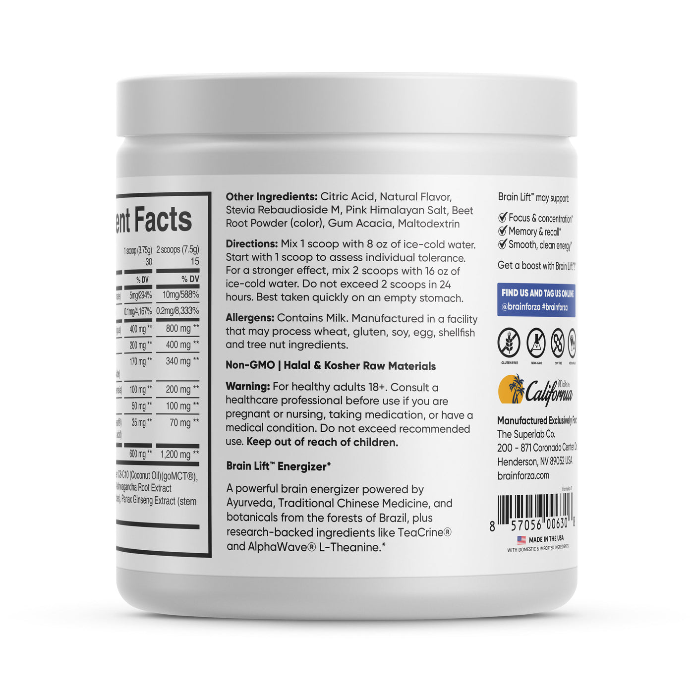 Brain Forza Brain Lift Energizing Brain Formula Rhodiola TeaCrine L-Theanine Vitamin B2 Catuaba Ginkgo Biloba KSM-66 Ashwagandha Green Tea