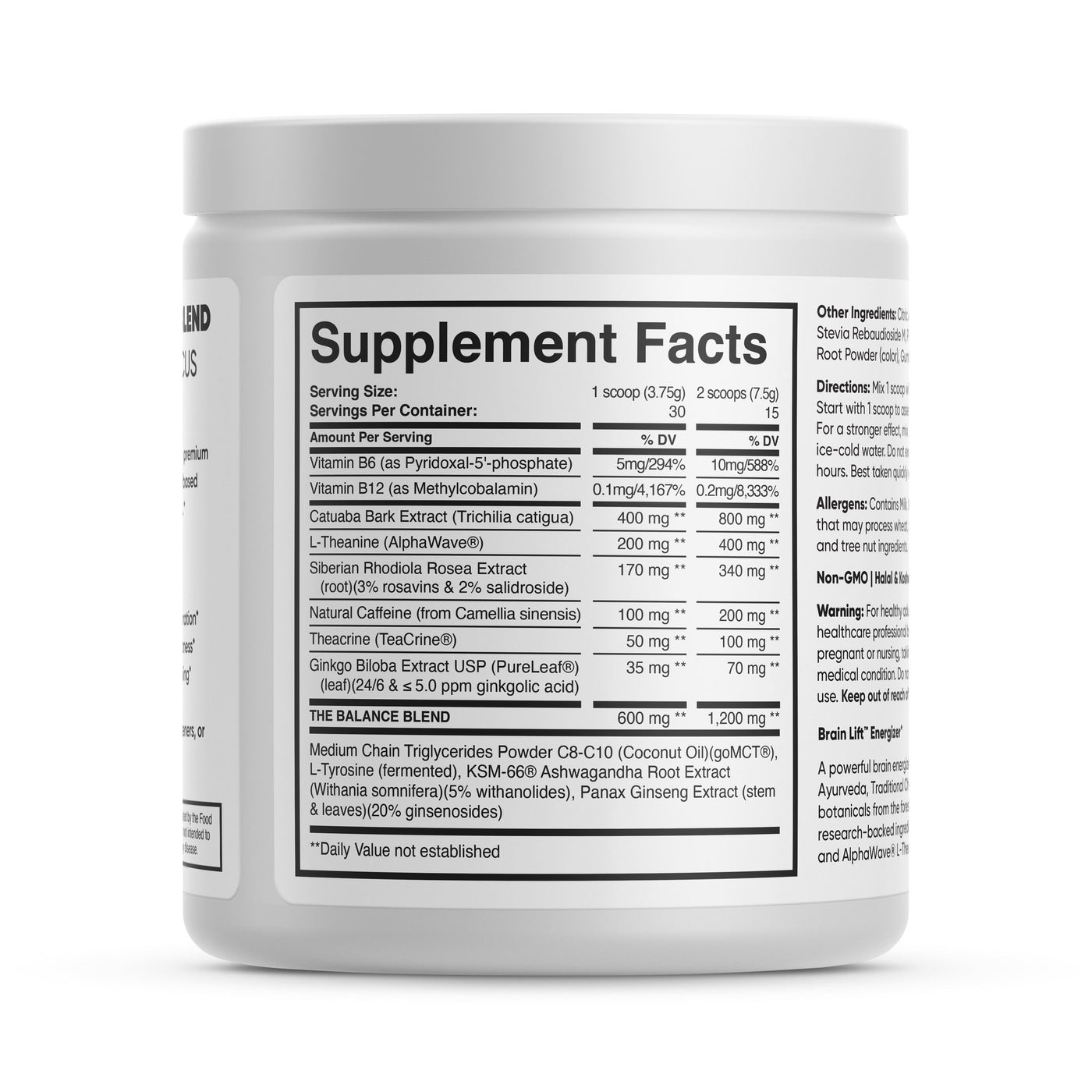 Brain Forza Brain Lift Energizing Brain Formula Rhodiola TeaCrine L-Theanine Vitamin B2 Catuaba Ginkgo Biloba KSM-66 Ashwagandha Green Tea