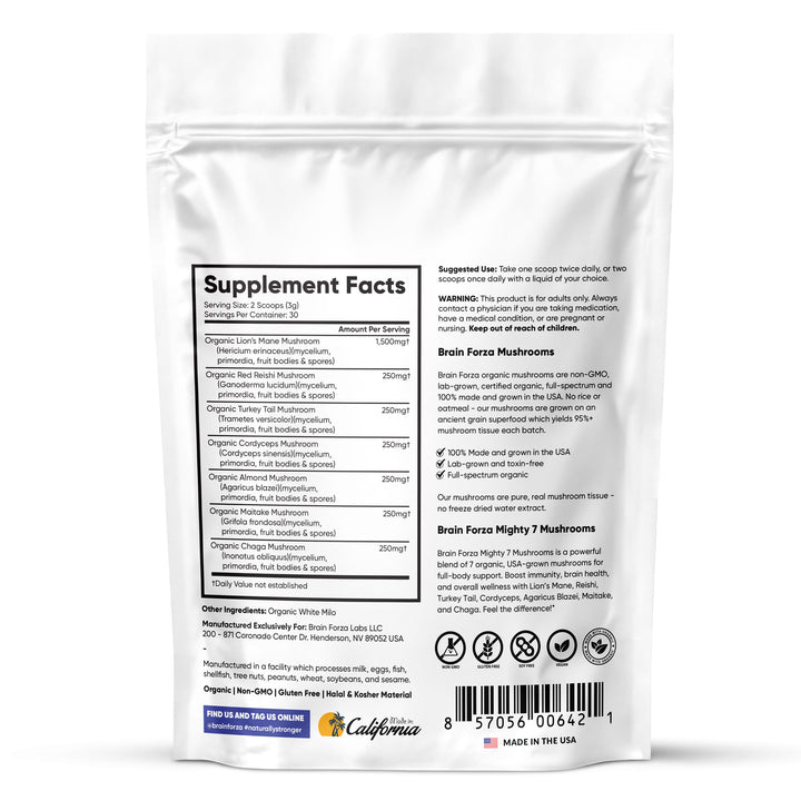 Brain Forza Mighty 7 Mushrooms Powder Organic Lions Mane Turkey Tail Reish chaga Cordyceps blend back
