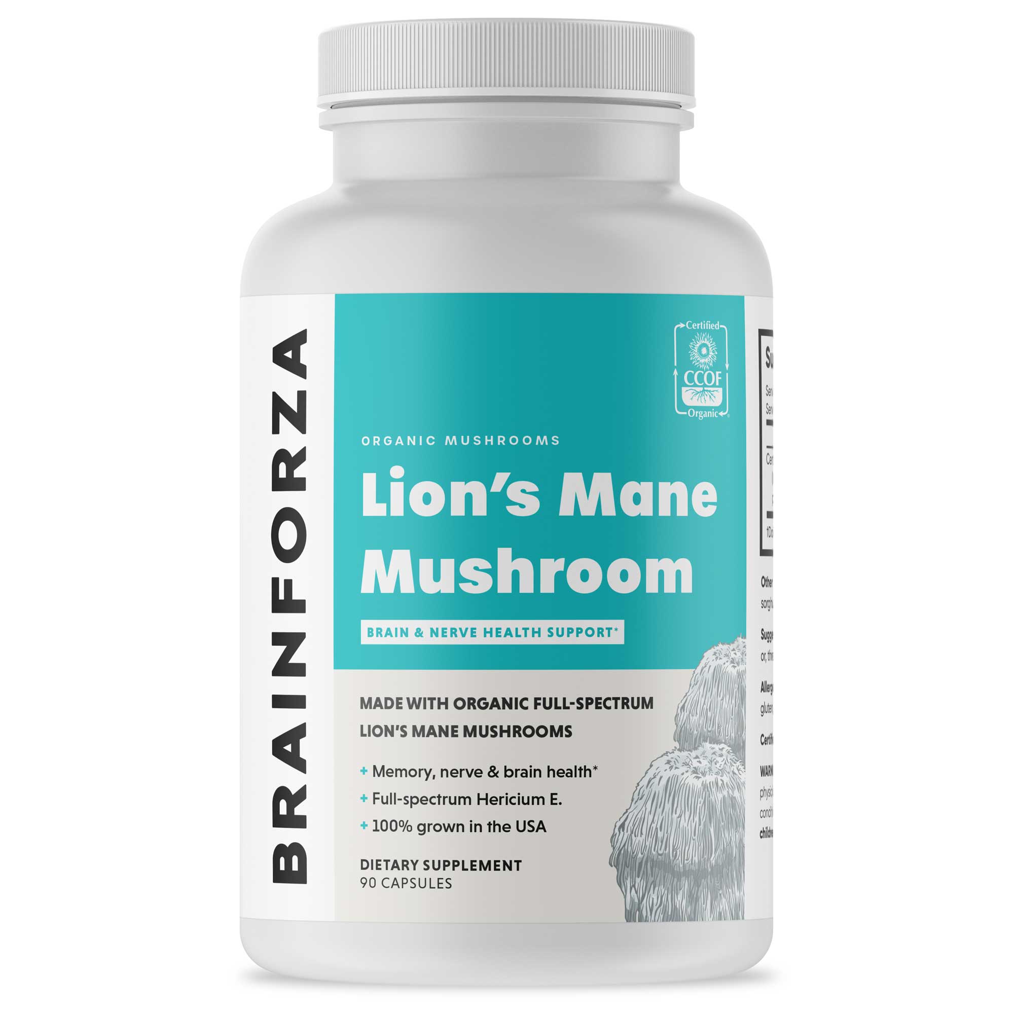 Brain Forza Organic Lions Mane Mushroom Stronger Than Extracts USA Made, 90 Capsules