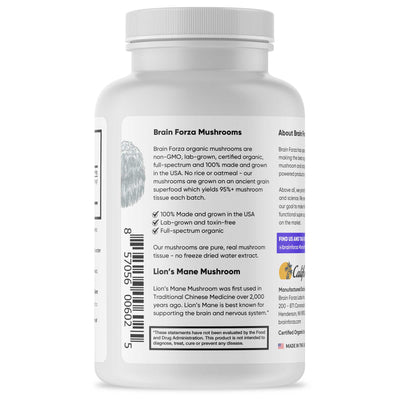 Brain Forza Organic Lions Mane Mushroom Stronger Than Extracts USA Made, 90 Capsules
