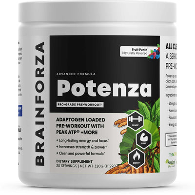 Brain Forza Potenza Natural Pre Workout Peak ATP Agmatine, BetaPower Ginkgo TeaCrine Cordyceps Mushroom 20 Servings Natural