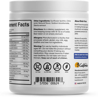 Brain Forza Potenza Natural Pre Workout Peak ATP Agmatine, BetaPower Ginkgo TeaCrine Cordyceps Mushroom 20 Servings Natural