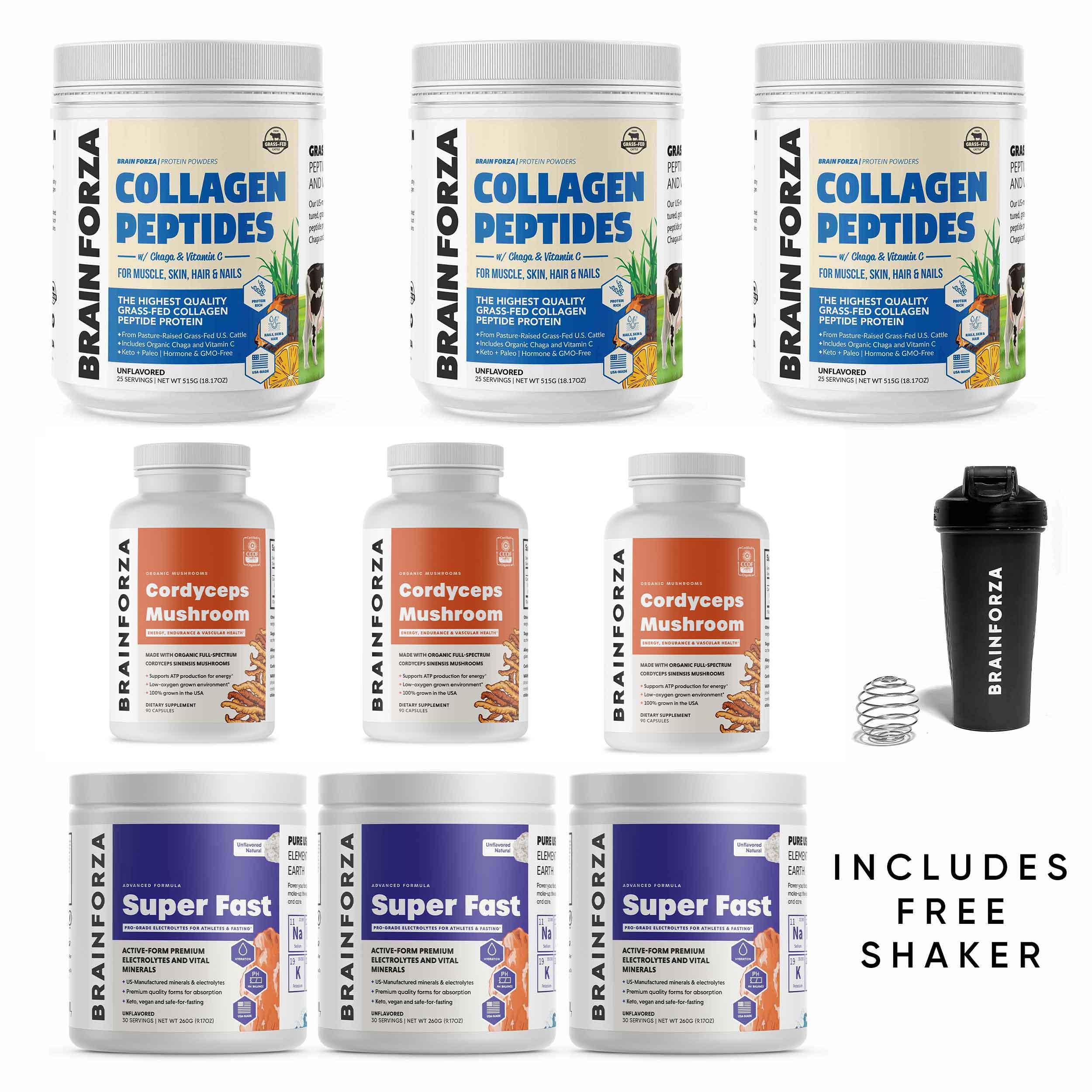 Brain Forza Super Fitness Bundle Collagen Peptides Cordyceps Super Fast Electrolytes