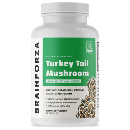 Brain Forza Organic Turkey Tail Mushroom Capsules Stronger Than Extracts USA Made, 90 Capsules