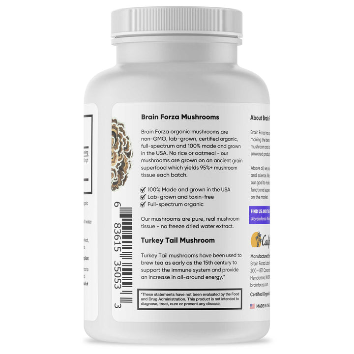 Brain Forza Organic Turkey Tail Mushroom Capsules Stronger Than Extracts USA Made, 90 Capsules